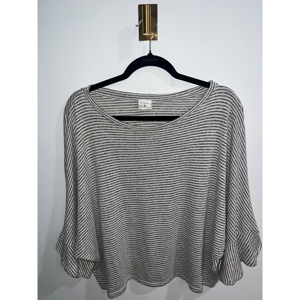 By Together Knit Top Boho Striped Grey Large Ruffle Bell Sleeve Scoop Neck